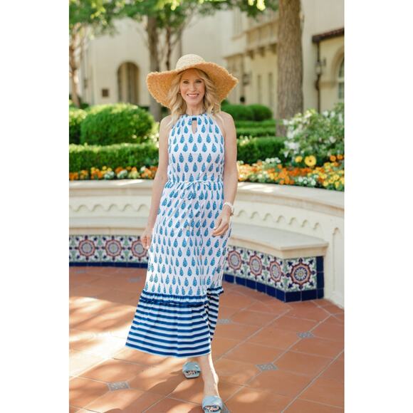 Cabana Life Delray Coverluxe‎ Pockets Tie Waist Maxi Dress Blue Size Large - Picture 1 of 12